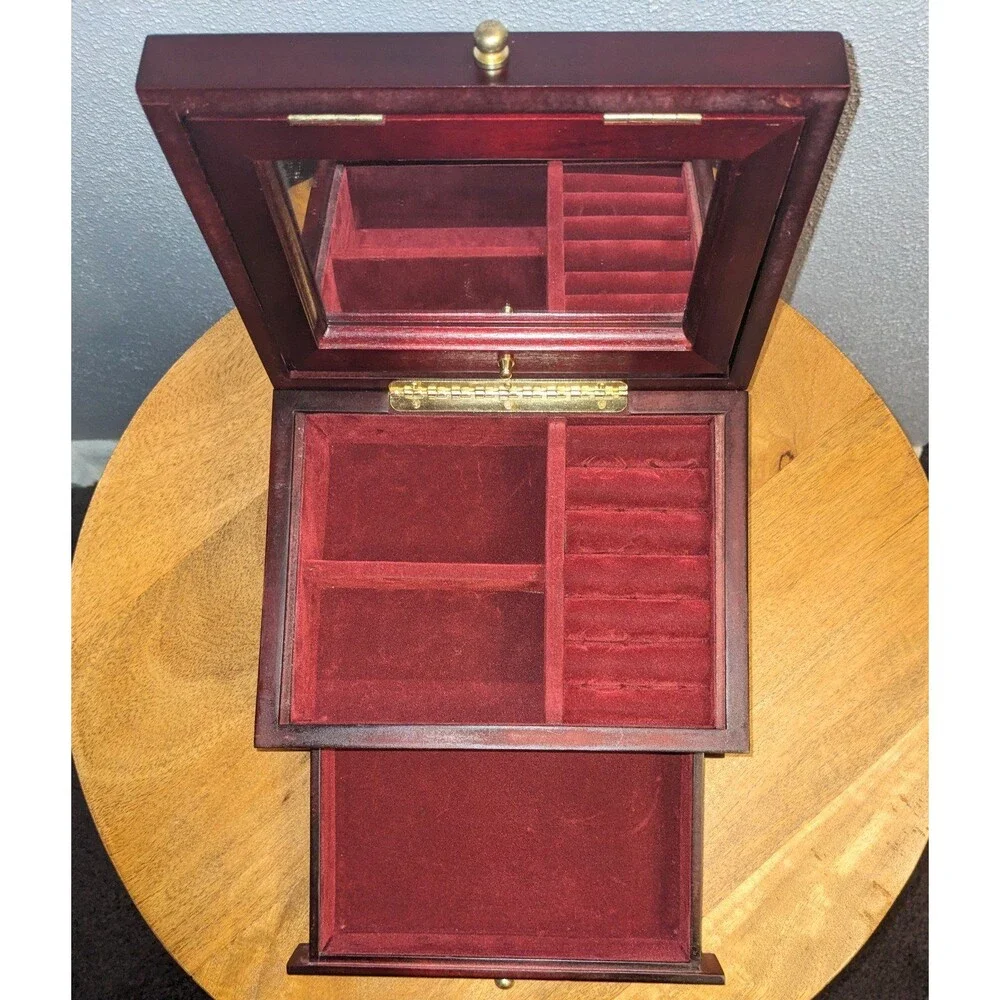 Wooden Jewelry Box Hinged Mirror Velvet Lined 2 Compartments Pull Out Drawer